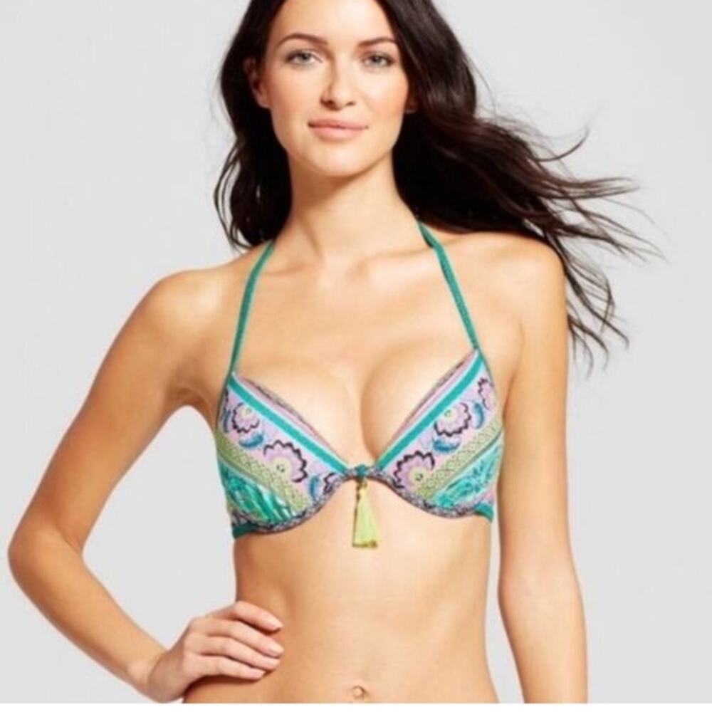Shade & Shore Padded Bikini Top 34B Teal Paisley Tassel Underwire Boho Swim